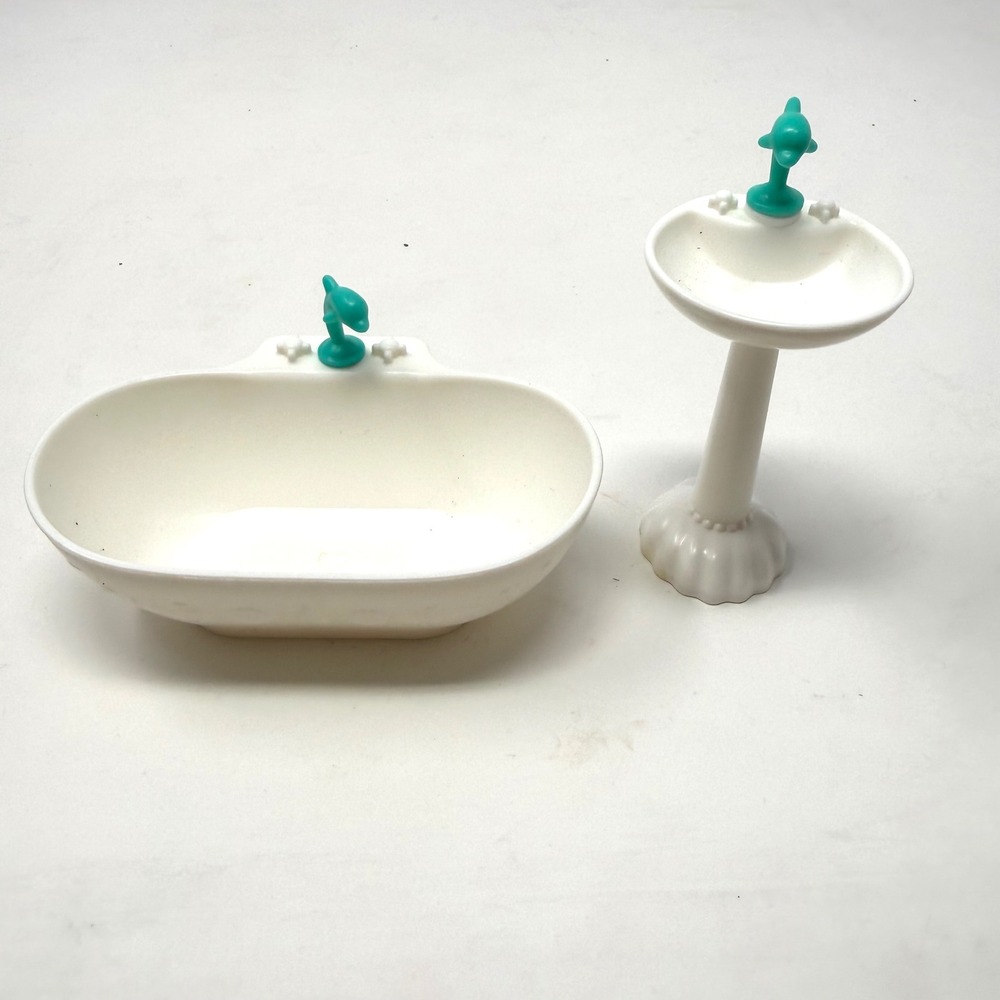 Vintage Dollhouse Bathroom Set White Teal Dolphin Faucet Bathtub Pedestal Sink